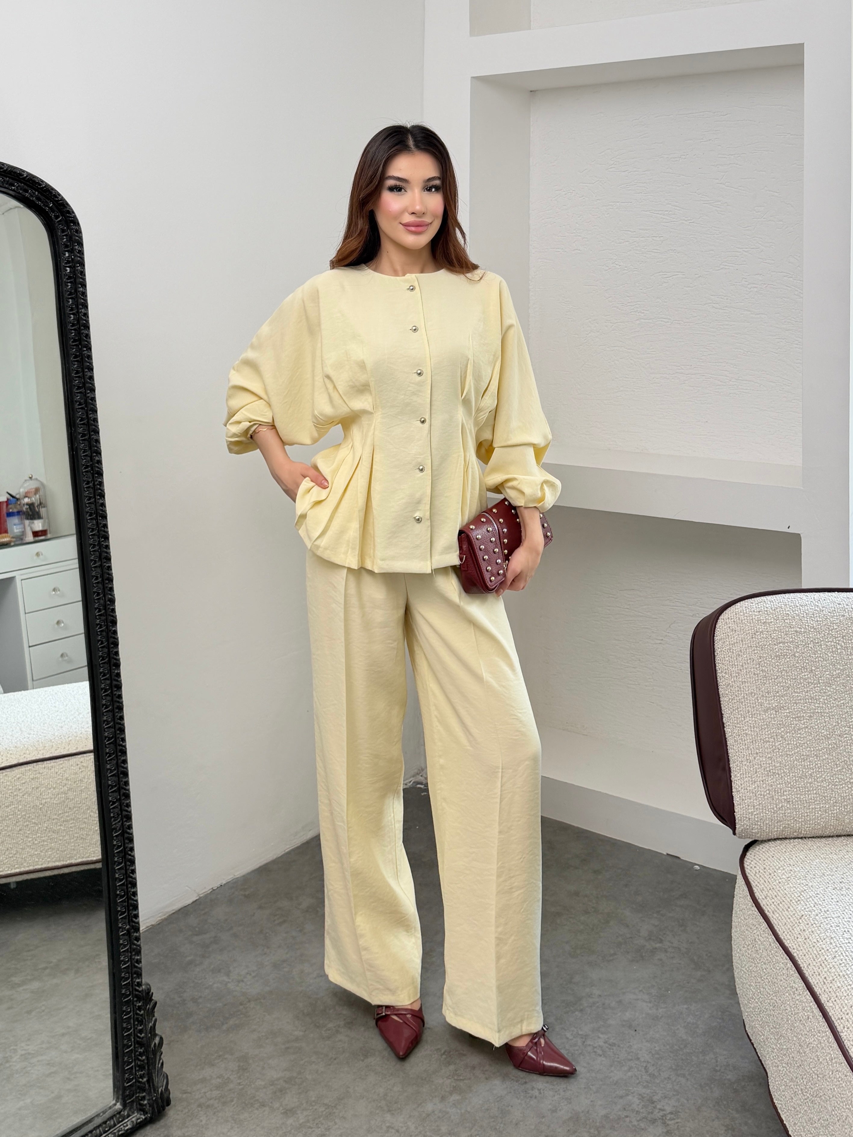 Beli Lastik Detaylı Salaş Kesim Pantolon Bluz Takım