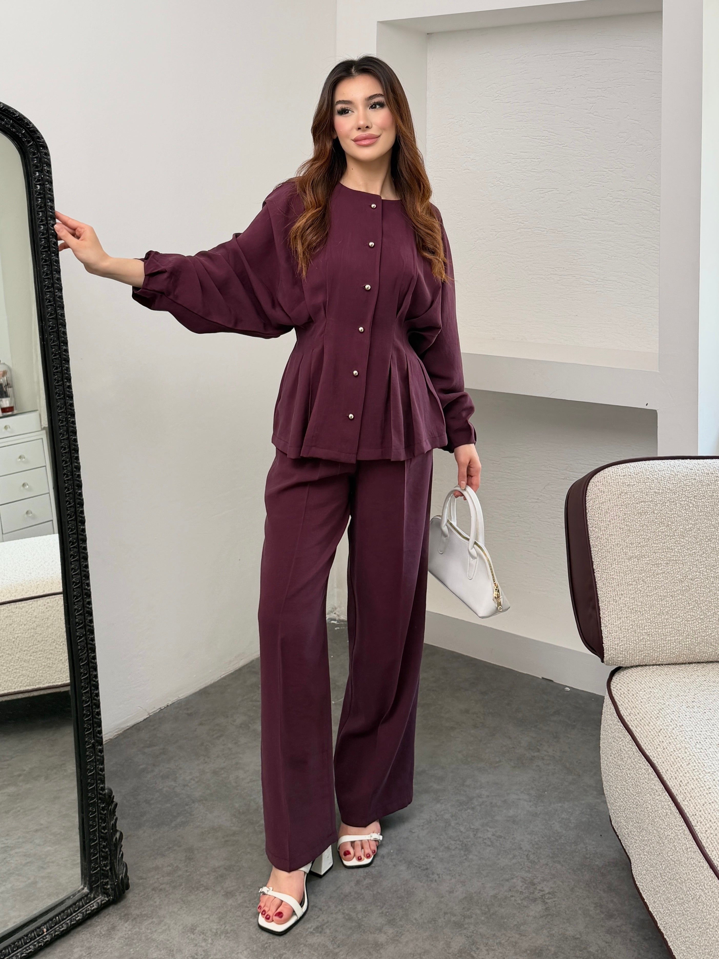 Beli Lastik Detaylı Salaş Kesim Pantolon Bluz Takım