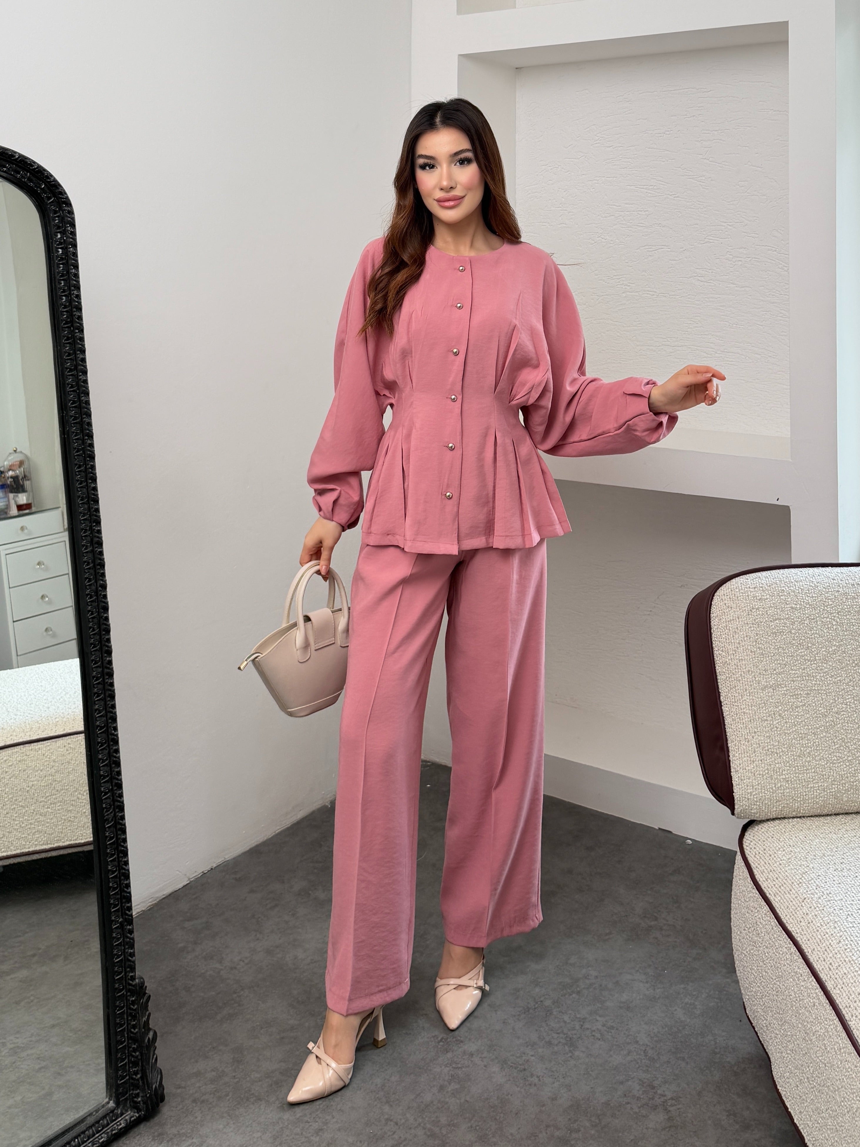 Beli Lastik Detaylı Salaş Kesim Pantolon Bluz Takım