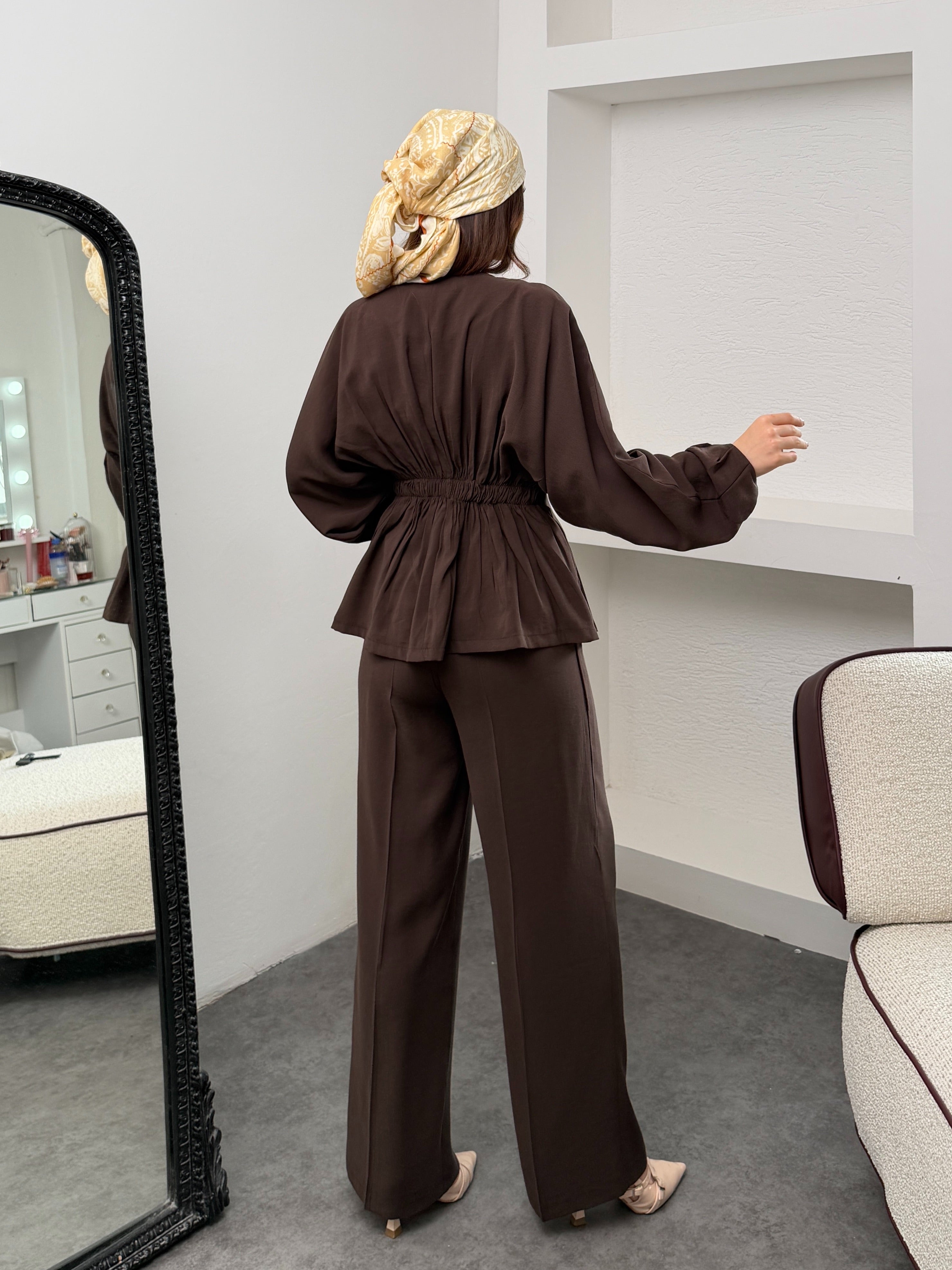 Beli Lastik Detaylı Salaş Kesim Pantolon Bluz Takım