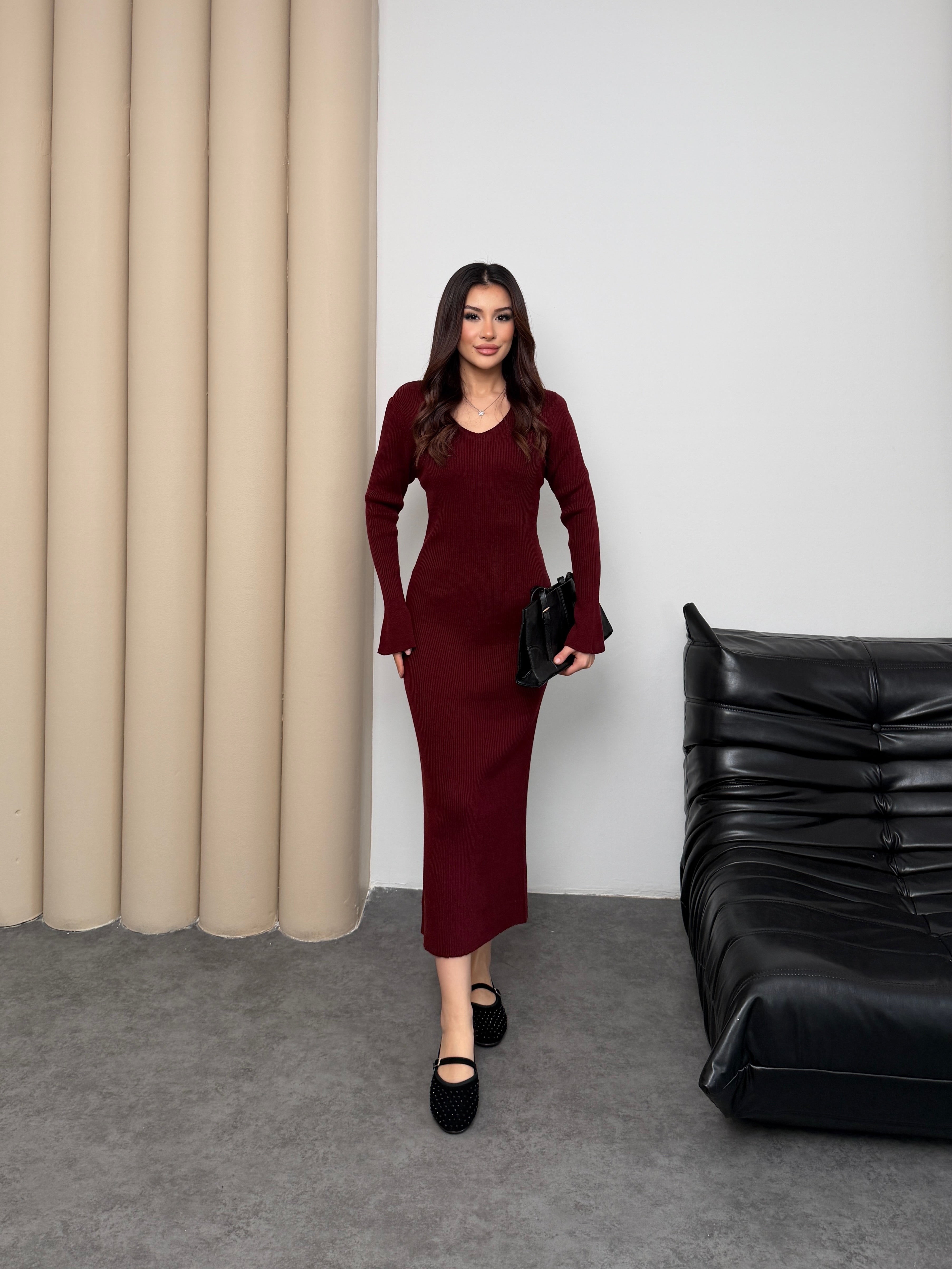 Fitilli Triko Uzun Elbise – V Yaka