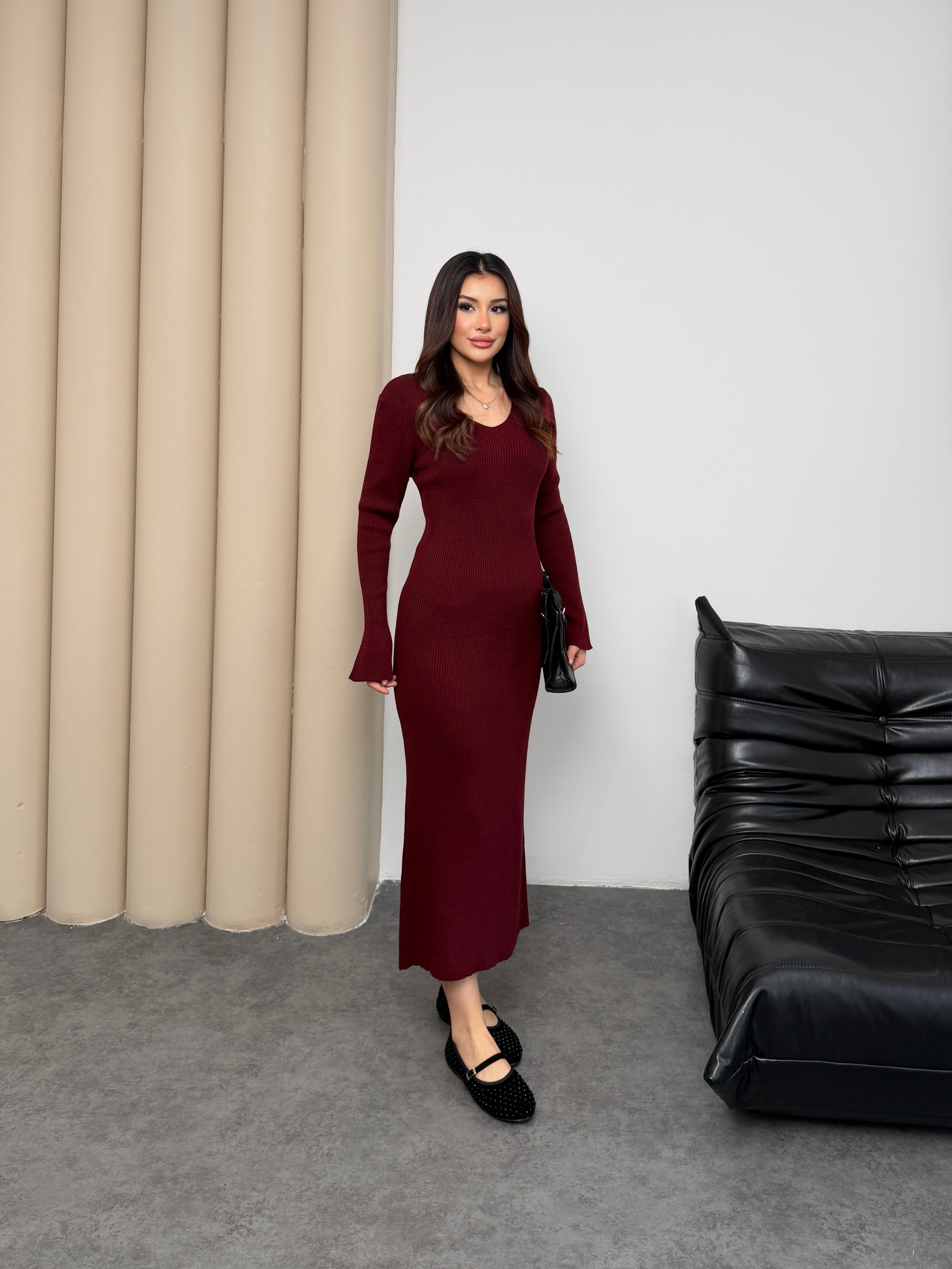 Fitilli Triko Uzun Elbise – V Yaka