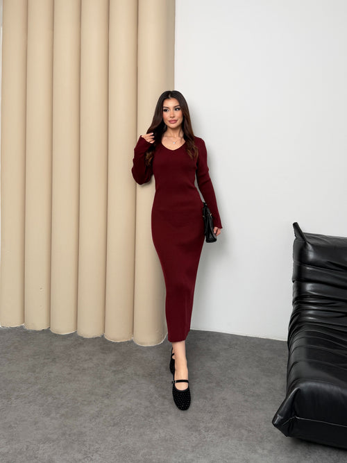 Fitilli Triko Uzun Elbise – V Yaka