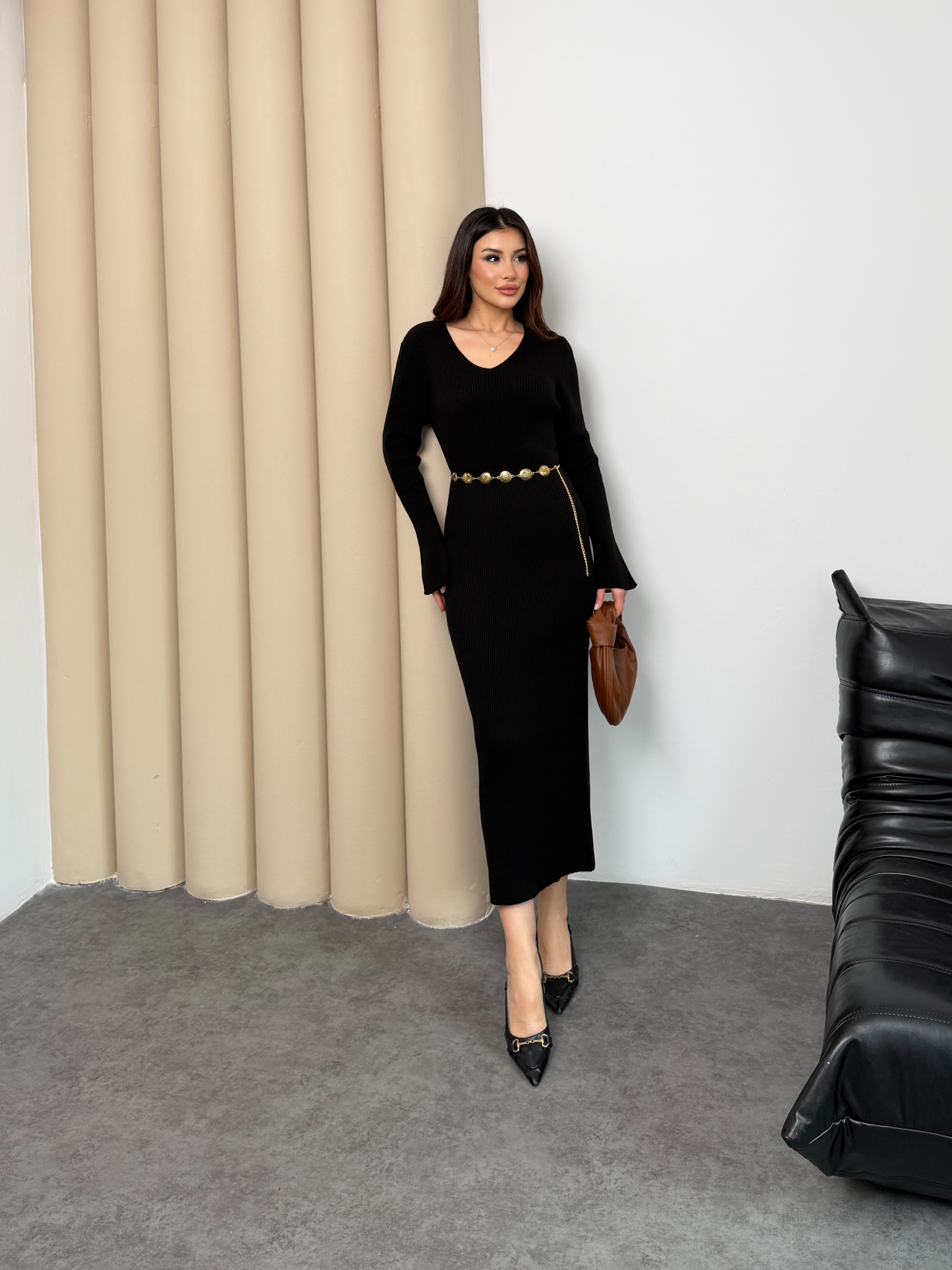 Fitilli Triko Uzun Elbise – V Yaka