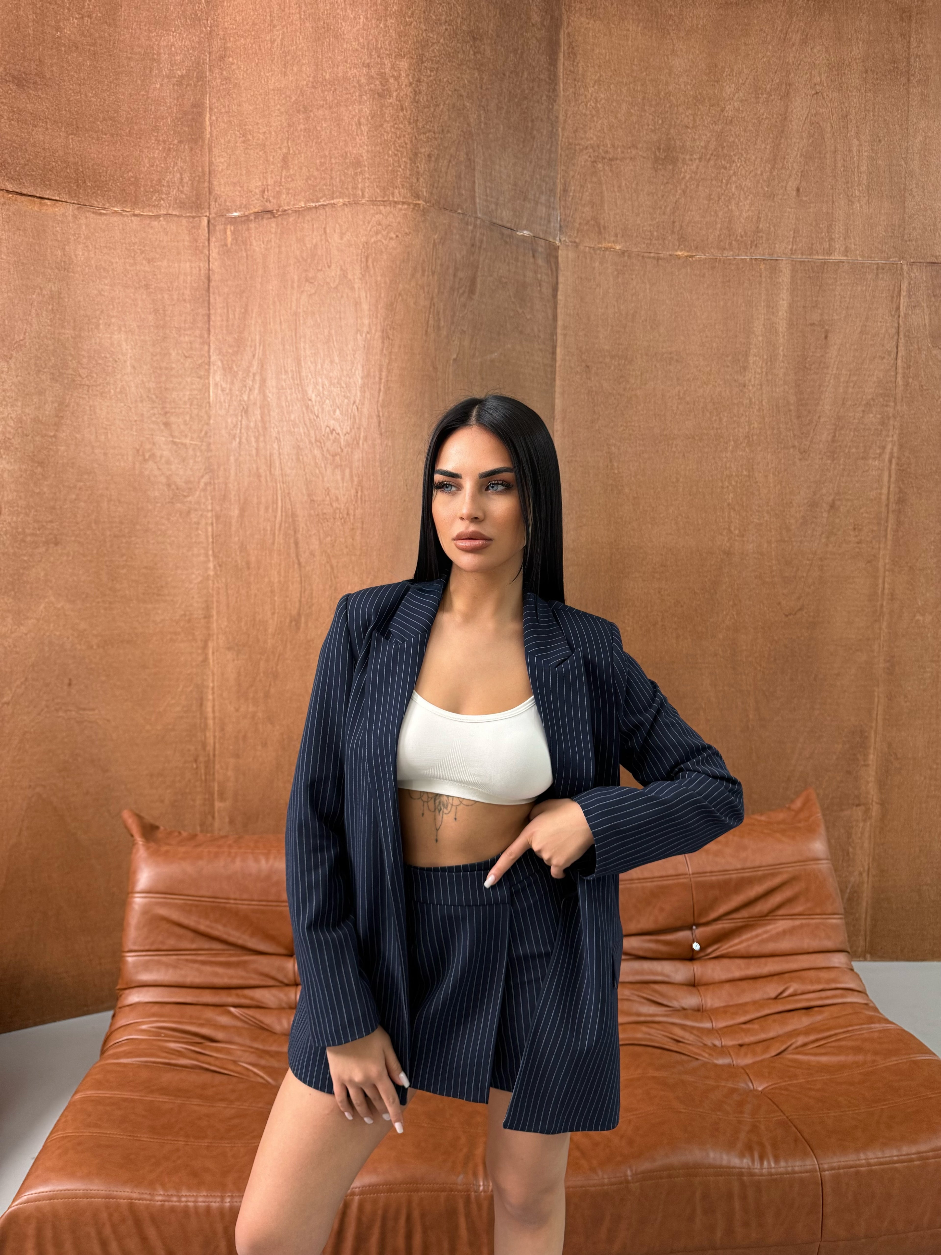 Çizgili Şort Etek Ceket Takım