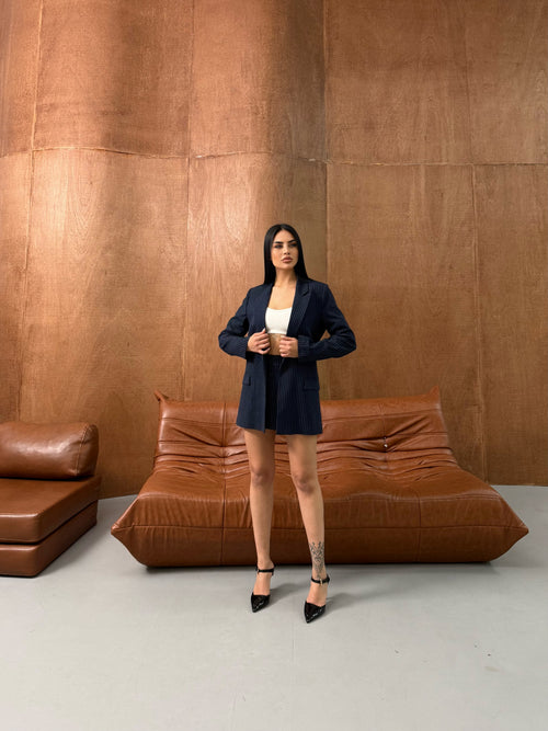 Çizgili Şort Etek Ceket Takım