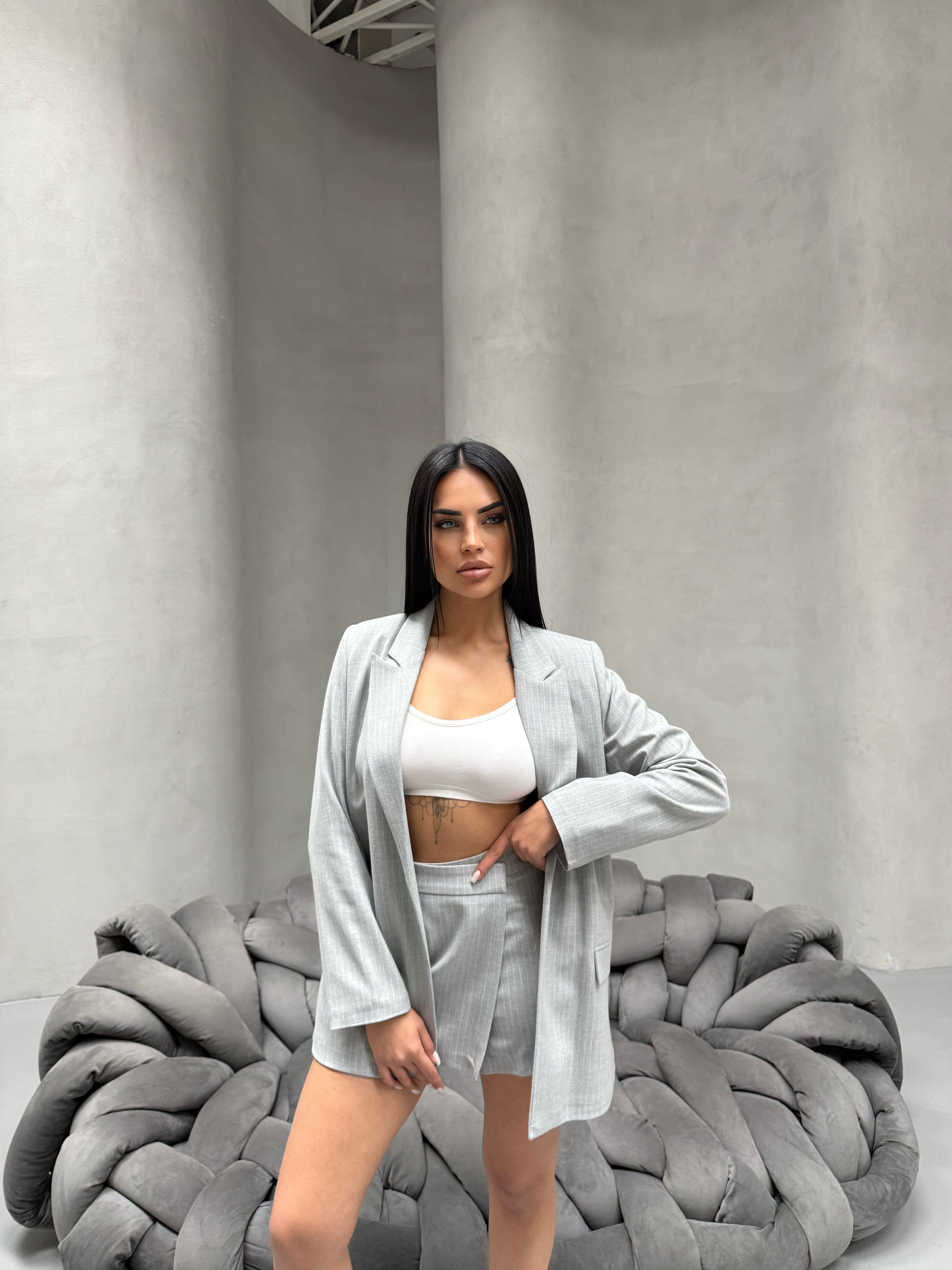 Çizgili Şort Etek Ceket Takım